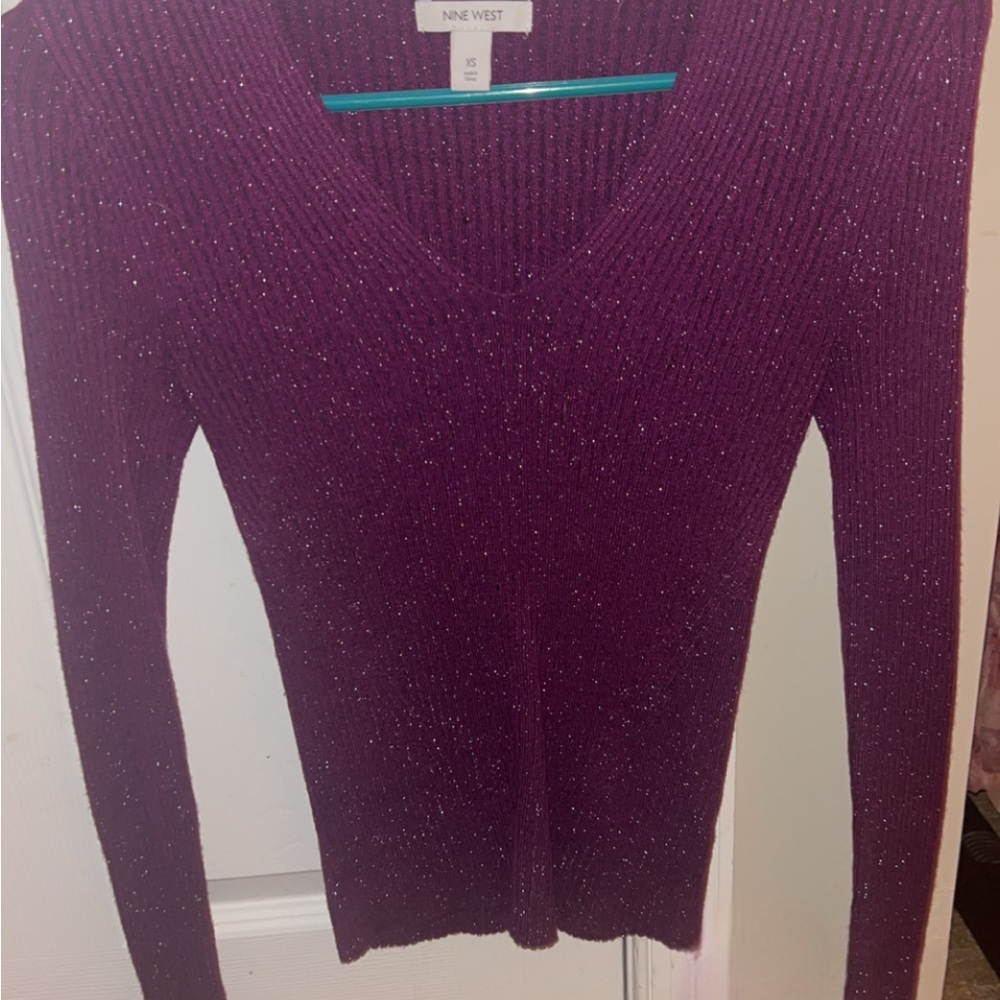 Nine West Sparkling Purple V-Neck Sweater XS